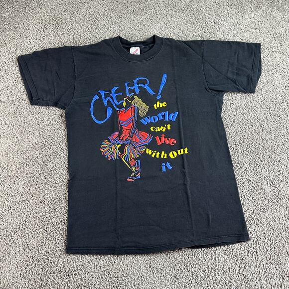 VTG 90s Cheerleading Shirt Womens M Puffy Print The World Can Live Without it - Picture 2 of 11